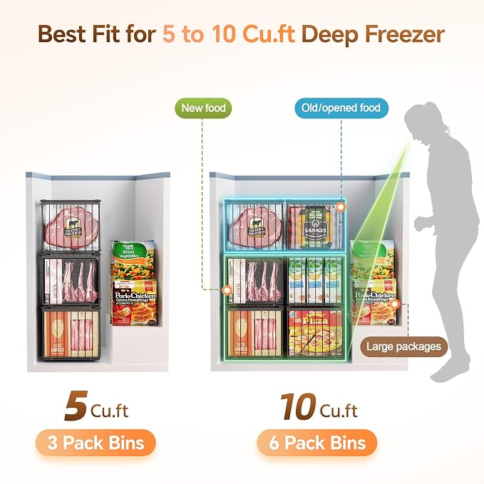Freezer Organizer Bins, Enlarged Stackable Deep Chest Freezer Organizer Bins, Foldable Baskets with Handles, Storage Container Baskets for 5 to 9 Cu.FT Deep Freezer Sort Frozen Meats (black 3 pack)