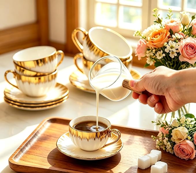 Espresso Cups with Saucers, 3.5 OZ Gold Ceramic Coffee Cup Set of 6, Demitasse Coffee Cup for Double Shot, Latte, Cafe Mocha and Tea, Dishwasher & Microwave Safe (Gold Trim-04)