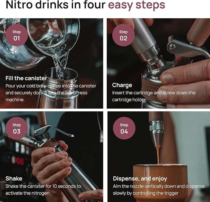 NitroPress Pure Nitrogen Cartridges - Not for Whipped Cream, N₂ Cartridges for Cold Brew - 40 Pack Food-Grade Nitrogen Chargers for Nitro Cold Brew Coffee, Cocktails, Tea, Beer, Matcha