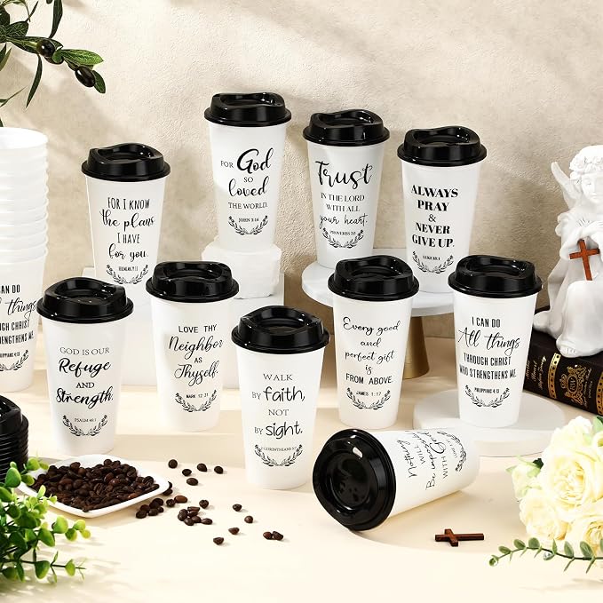 Skylety 20 Pack Bulk Christian Gifts for Men Women 16oz Reusable Bible Verse Tumbler Plastic Coffee Cup with Lid Inspirational Religious Church Gift for Teacher Graduation Party Favor (White)