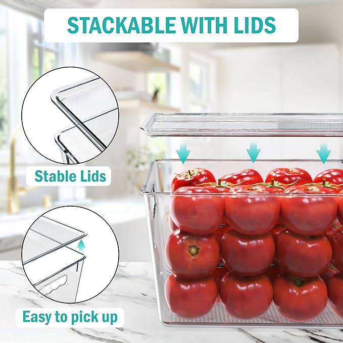 YAN & HIN 6 Pack Clear Storage Bins with Lids, Stackable Plastic Organizer Bins with Handles, Pantry Organizers and Storage for Kitchen Cabinet, Fridge, Bathroom, Closet and Shelf Organization
