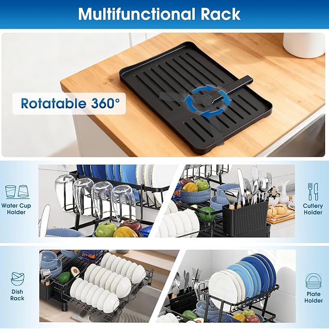 Glovv Over The Sink Dish Drying Rack, 2-Tier Kitchen Organizers and Storage for Kitchen Counter, Kitchen Sink Organizer with 4 Cup Holders and Drainboard, Black