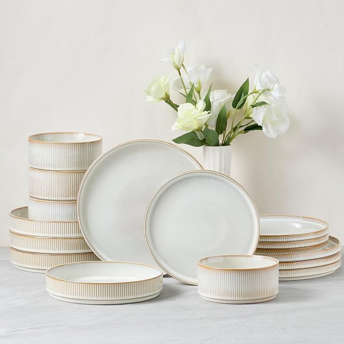 E-far 16 Piece Dinnerware Sets, Plates and Bowls with Pasta Bowls Service for 4, Modern Stoneware Ribbed Dishes for Kitchen Dining, Microwave & Dishwasher Safe, Creamy Beige