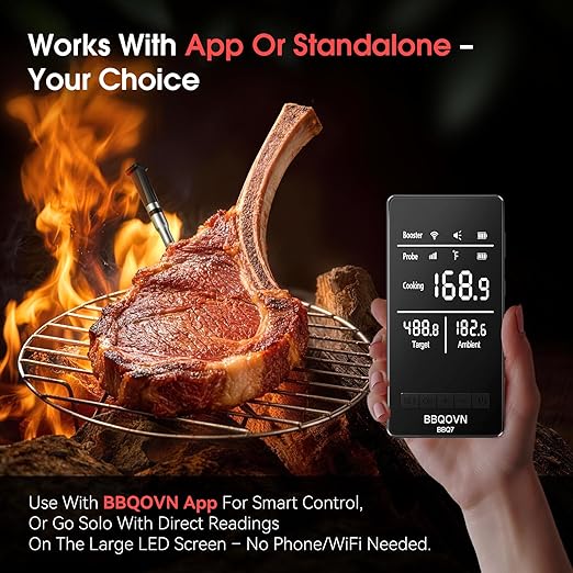 BBQOVN Smart WiFi Wireless Meat Thermometer, Sub-1G Long Range 1000FT, 7 NIST Certified Sensors in 1 Thinner Probe ±0.5℉ Accuracy, Standalone Base with App