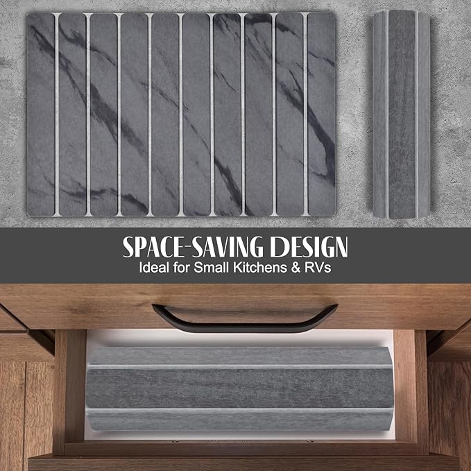 Large Stone Dish Drying Mats for Kitchen Counter, 24"(L)×16"(W) Marble, Drying Collapsible Dish Drying Mat, Eco-Friendly Absorbent Diatomaceous Earth Mats for Dishes Bottles Cups - Dark Grey