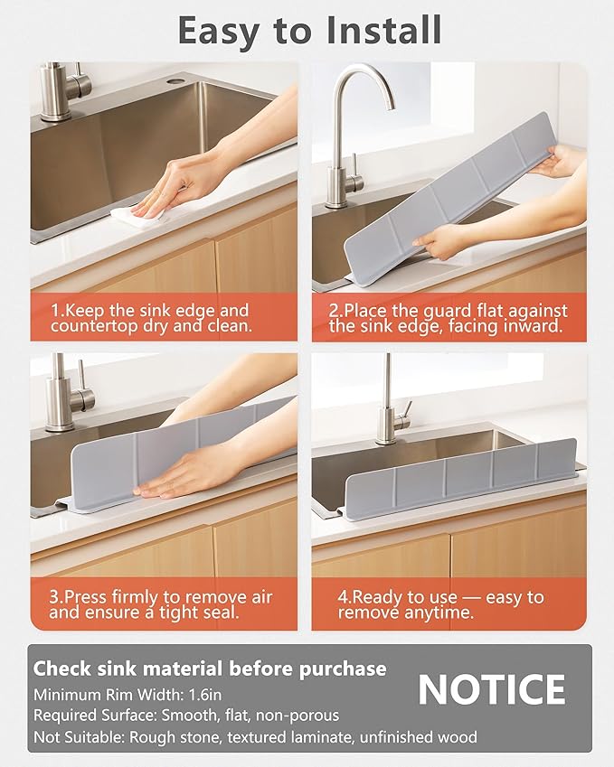 Kitchen Sink Splash Guard 30" 23" 18" Self-Draining Silicone Water Guard with High Splash Wall & Strong Suction Cups for Faucet, Countertop & Sink Edge, Keeps Sinks Dry, Dishwasher Safe, Grey