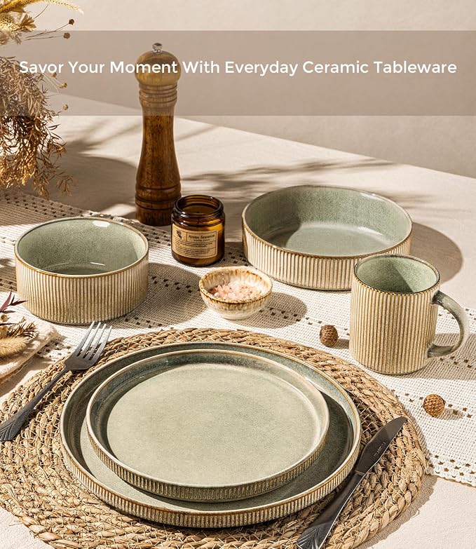 GBHOME 18-Piece Stoneware Dinnerware Set for 6 – Ribbed Ceramic Plates and Bowls, Scratch-Resistant, Microwave & Dishwasher Safe, Reactive Glaze, Desert Sage