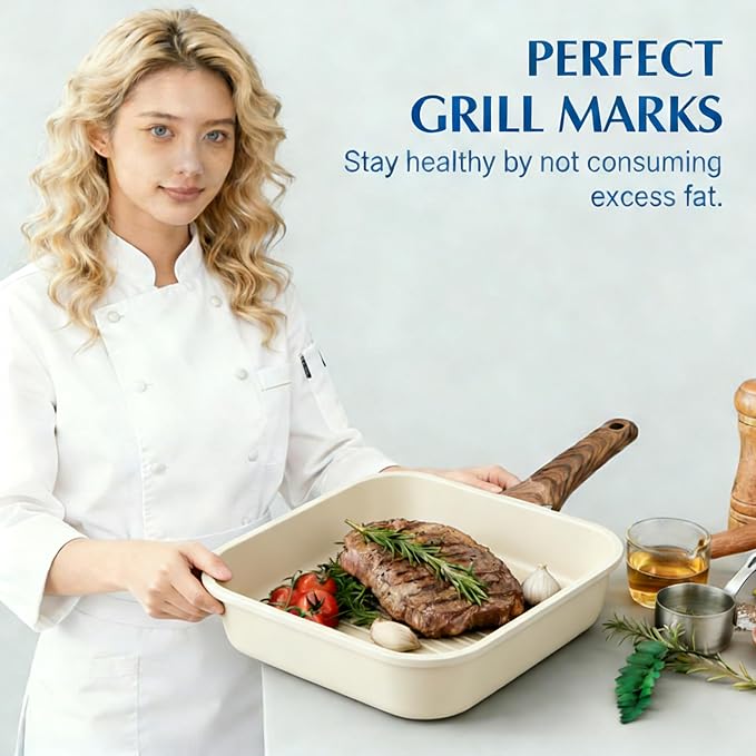 HealSmart 3 Pieces Nonstick Grill Pan Set, Square Cooking Skillets with Wooden Handles, PFOA-Free Multi-size Griddle Pans Fit All Stovetops, Indoor & Outdoor Cooking, 9.5",10.2",11", Beige