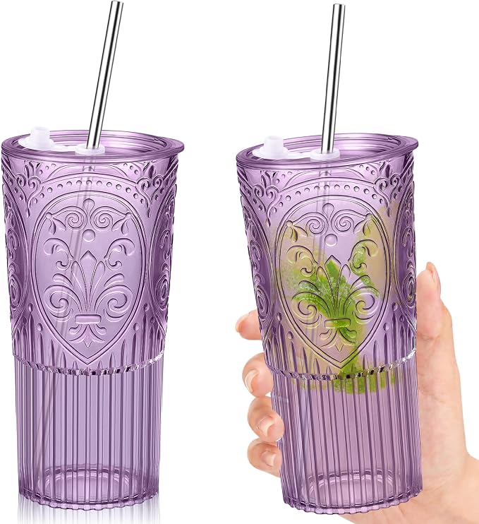 2 Set 20oz Vintage Plastic Tumbler with Lids and Straws Ribbed Floral Drinking Glasses Reusable Iced Coffee Cups for Water Juice Smoothie Cocktail Travel Party Events Gift (Purple)