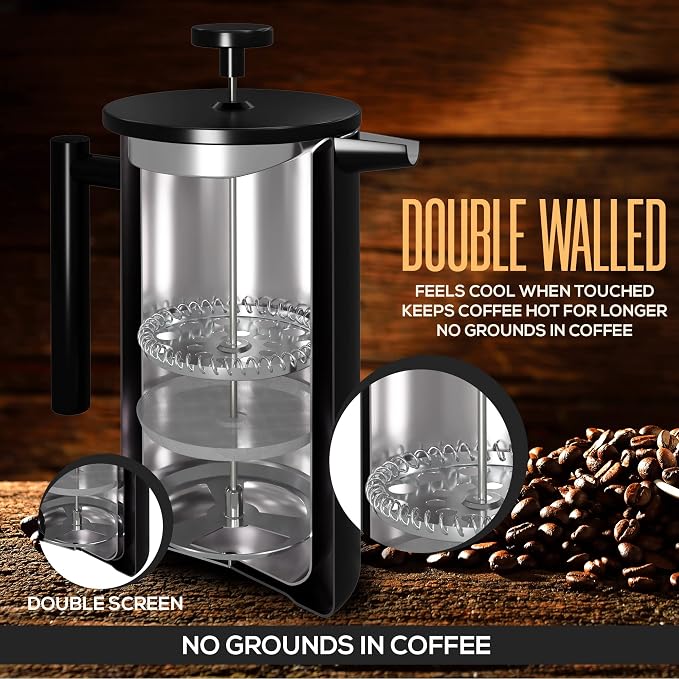 Utopia Kitchen 304 Grade Stainless Steel French Press Coffee Maker 50 Oz, Double Wall Insulated Coffee Press with 4-Level Filtration system, Include 2 Extra Filters, Rust-Free, Black