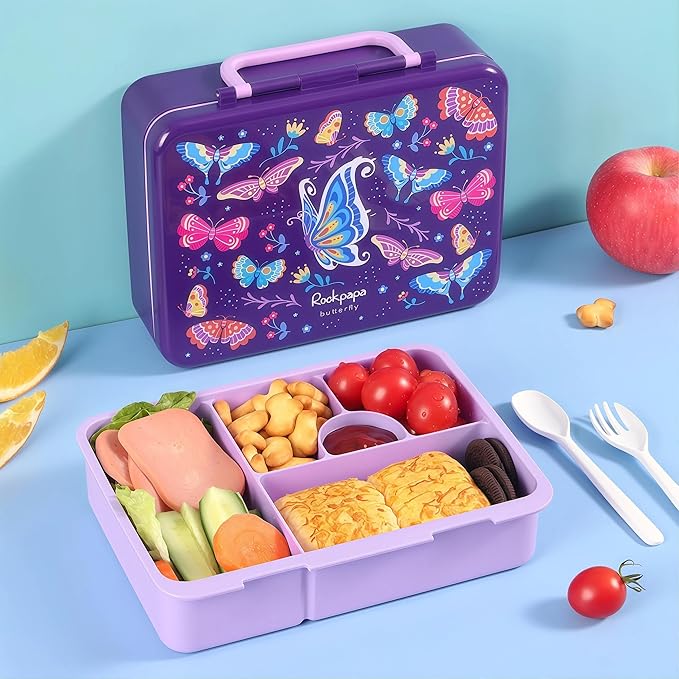 rockpapa Kids Lunch Box Set with 14oz Insulated Water Bottle & Lunch Bag, Leakproof 5.5 Cups Bento Box for School & Children, BPA-Free, Microwave Safe for Boys Girls (Purple Butterfly)
