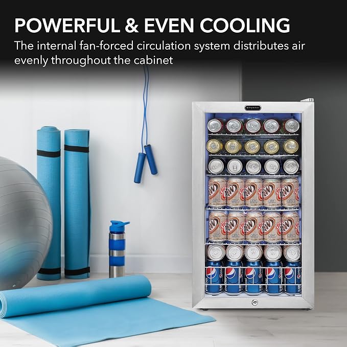 Whynter Beverage Refrigerator with Double-Layer Glass Door, 127-Can 3.1 Cu. Ft. Drink Mini Fridge with Lock, BR-128WS, Stainless Steel