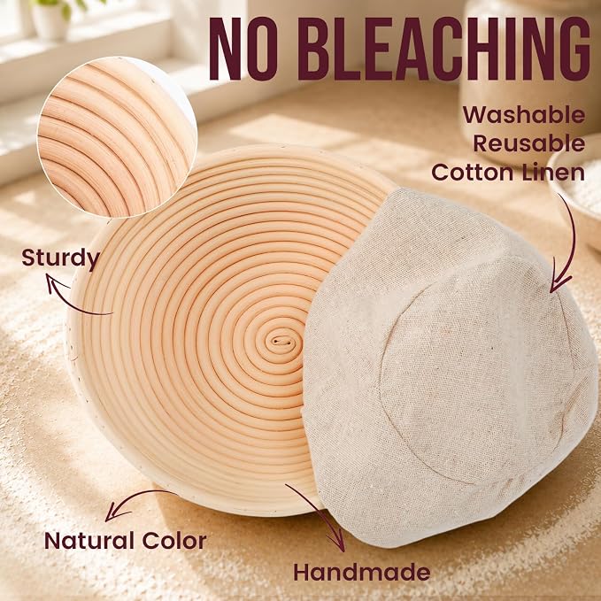 DOYOLLA Bread Proofing Baskets Set, 10 inch Oval & 8.5 inch Round Sour Dough Proofing Bowls w/Tools for Sourdough Bread Baking Supplies, Baking Gifts, Bread Making Kit | Handmade Rattan