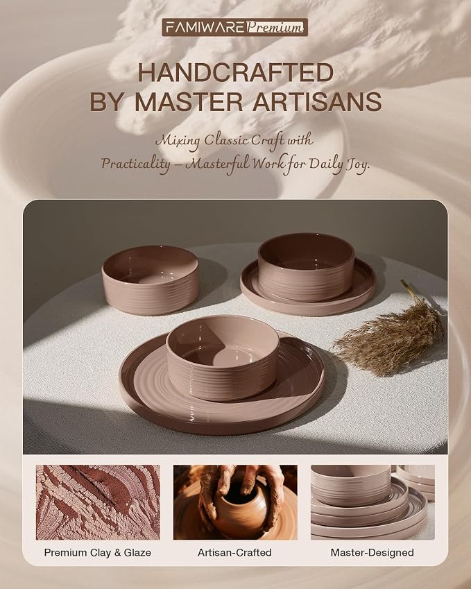 Stoneware Dinnerware Sets for 8, 24-Piece High Edge Plates and Bowls with Speckled Glaze & Spiral Design - Chip & Scratch Resistant, Microwave & Dishwasher Safe - Gift Box, Brown