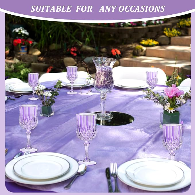 7OZ Plastic Wine Glasses, Reusable Vintage Goblets Unbreakable Drinking Glasses Crystal Water Cups Champagne for Wedding, Parties (24, Light Purple)