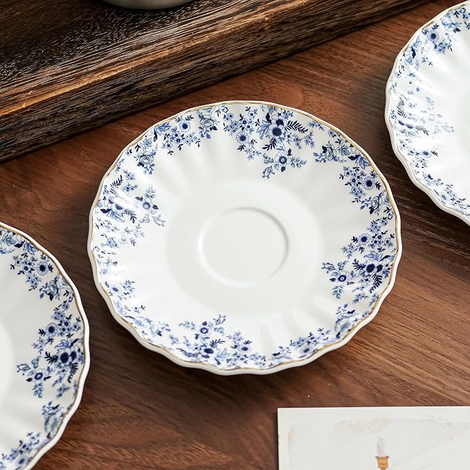Agyiuns ceramic tea cups and saucers 6oz,floral tea cups for Coffee, Latte, Cafe Mocha and Tea (Little Blue Flowers)