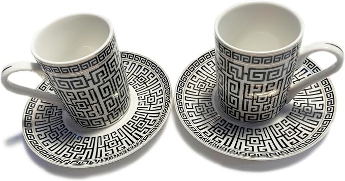 Mazeology Espresso Cups Greek Key Design Bone China 2 Sets Cups and Saucers Black and White with Gold Accents