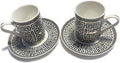 Mazeology Espresso Cups Greek Key Design Bone China 2 Sets Cups and Saucers Black and White with Gold Accents