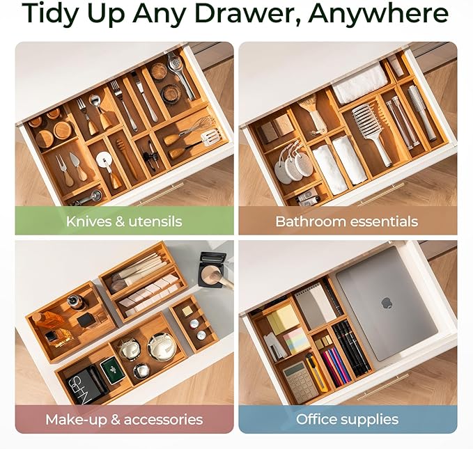 keechee Carbonized Bamboo Kitchen Drawer Organizer (Bundle: 10pc Organizers Set)