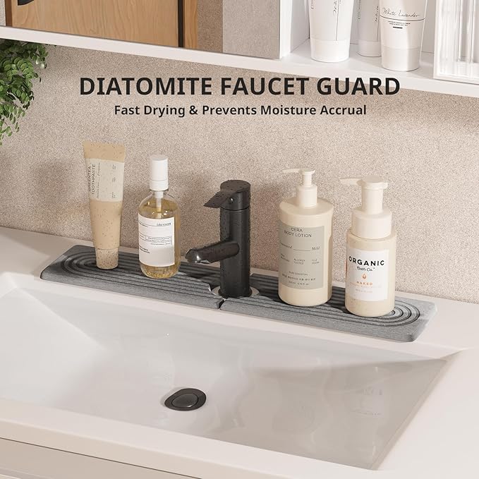 Quick Dry Sink Splash Guard - 15.8" Fast Drying Diatomaceous Earth Faucet Tray - Super Absorbent Sink Faucet Mat for Kitchen & Bathroom Countertops - Gray