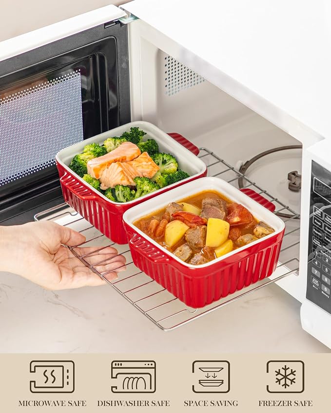 MALACASA Baking Dishes for Oven, Small Ceramic Baking Dishes with Silicone Lids for Individual Portions 5.5" x 5.5" Square Casserole Dishes Set of 2 Oven Microwave, and Air Fryer Safe, Red