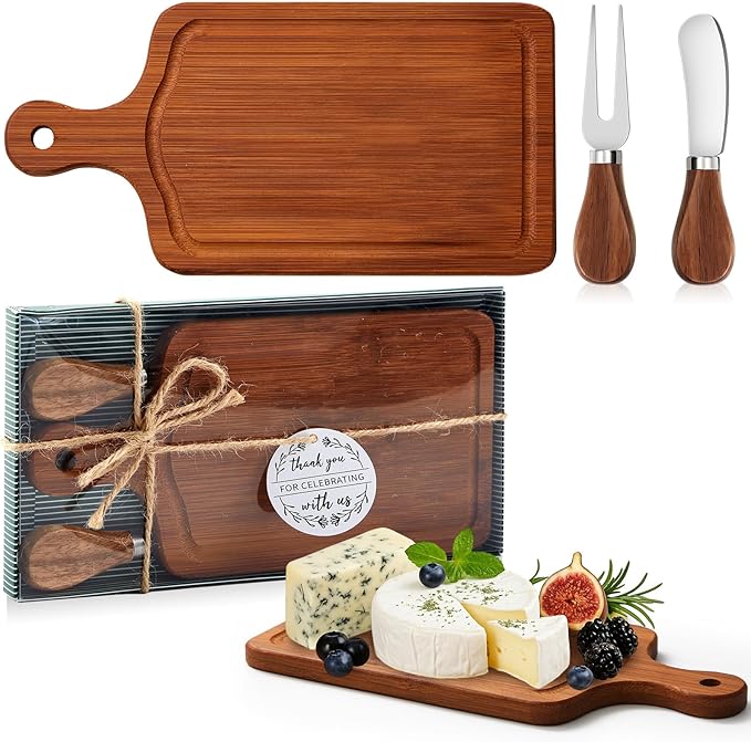 Ziliny 1 Set Bridal Baby Shower Cheese Prizes Wooden Square Board Gift Set Knives Forks Thank You Tags with Box for Guests for Valentines Bridal Baby Shower Housewarming (Carbonized Bamboo)