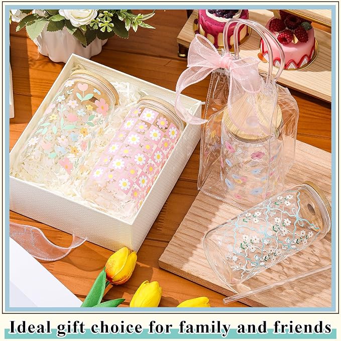 Mumufy 8 Sets Daisy Flower Glass Cups with Clear Gift Bag 16 oz Reusable Pink Yellow Iced Coffee Mugs Aesthetic Cute Tumbler with Lids and Straws, Gifts for Girls Women Bridesmaid