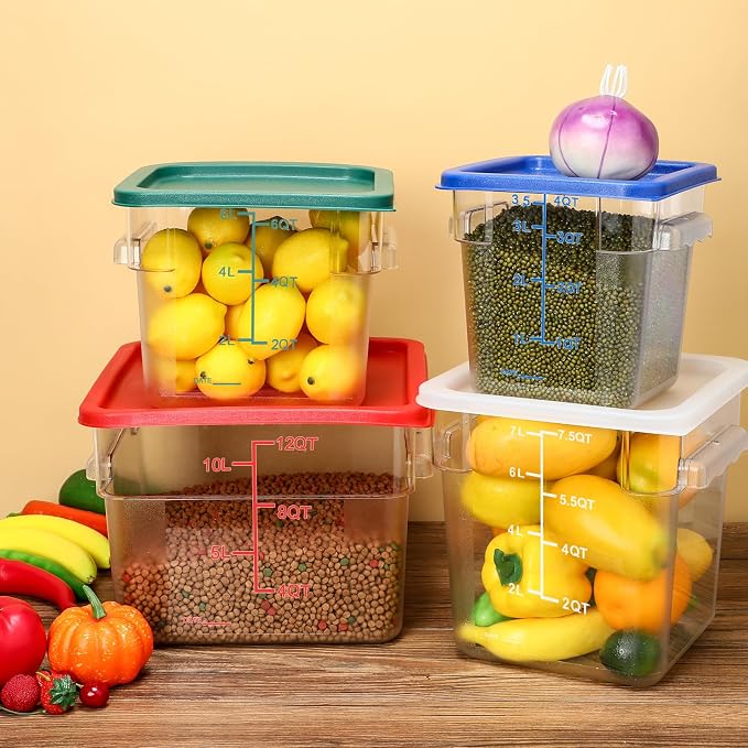 Maxcheck 4 Pcs 4qt Food Storage Container with Lids Bulk Clear Plastic Commercial Food Storage Bins with Scale Handle Space Saving Restaurant Tubs for Kitchen Prep Proof Dough(Red, Green)