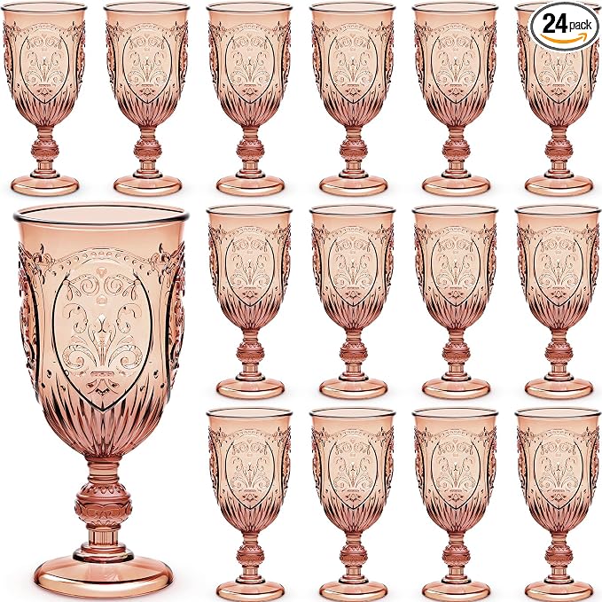 Wiwiqing 24 Pcs Plastic Goblets 7.5oz Vintage Goblet Plastic Wine Glasses Colored Retro Embossed Water Goblets for Wine Bar Juice Baby Shower Wedding Reception Grand Event Party (Rose Gold)