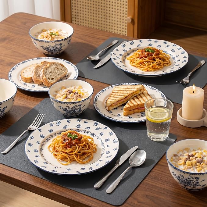24-Piece Vintage Blue Floral Ceramic Dinnerware Set, Service for 8, Microwave & Oven Safe Plates and Bowls, Porcelain Dish Set for Parties & Hosting