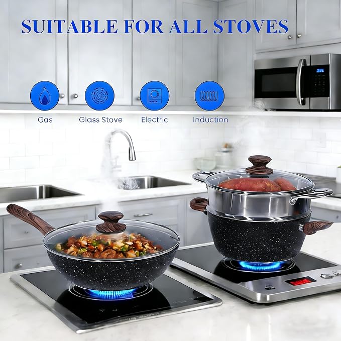 HealSmart 17Pcs Ceramic Cookware Set, Non-Toxic Nonstick Cooking Pots & Pans with Heat Resistant Grips, Complete Induction Compatible Kitchen Kit Including Multi-Size Frying Pans, Black