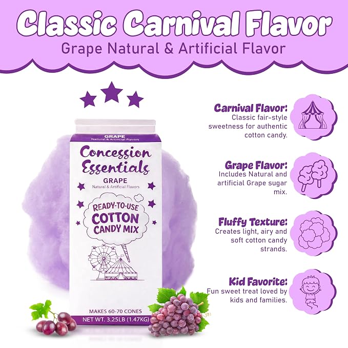 Perfectware Concession Essentials Grape Cotton Candy Mix – Ready-to-Use Floss Sugar for Cotton Candy Machines – Makes 60–70 Cones – 3.25 lb Carton – Carnival Style Cotton Candy Sugar