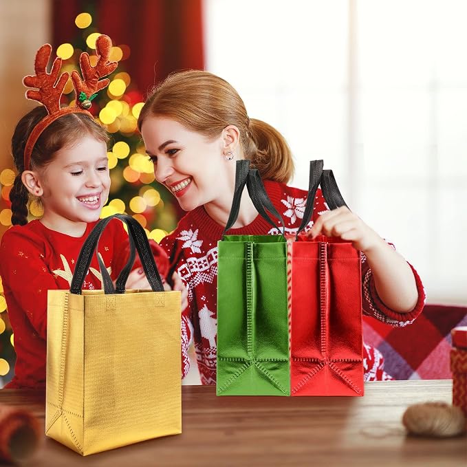 Eccliy Reusable Gift Bags Set Glossy Grocery Gift Tote Bag with Handle for Wedding, Bridal Shower, 4th of July, Summer Event(10 x 8 x 4.7 Inch,Red, Gold, Green with Black Handles,80 Pcs)