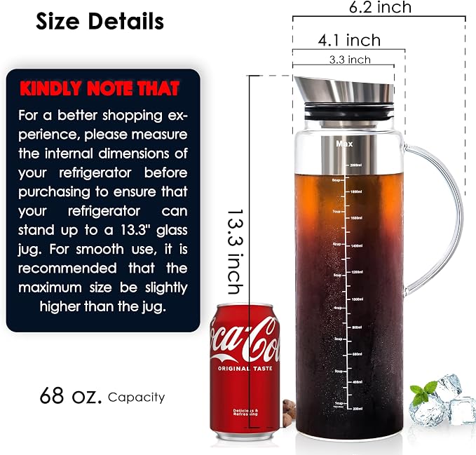 Aquach 68oz Cold Brew Coffee Maker, Extra Tall Glass Pitcher for Iced Tea | Dishwasher Safe, Borosilicate Glass, Up to 2 Weeks Fresh Aroma, 304 Stainless Filter, Office & Home