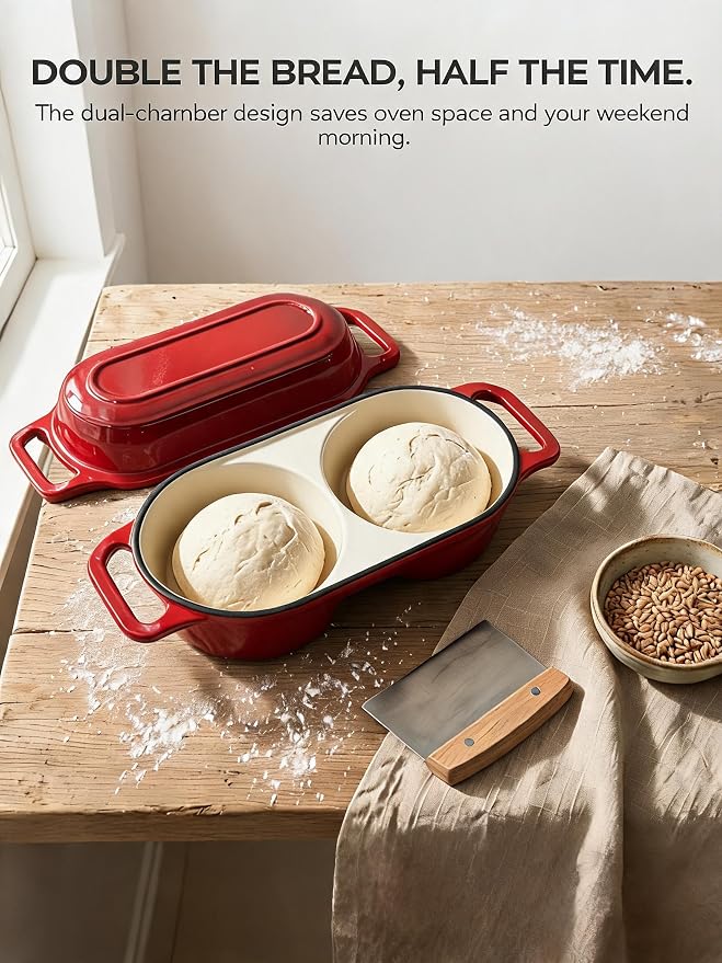Mini Double Dutch Oven for Sourdough Bread – Enameled Cast Iron Loaf Pan with Dual Loaf Design, 500°F Oven Safe Non-Stick Cast Iron Dutch Oven, Small Loaf Baker for Artisan Baking