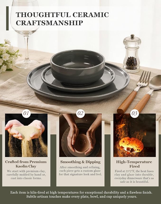 OTAGO 16-Piece Gray Stoneware Dinnerware Set for 4 with Mugs, Plates and Bowls Sets with Partially Unglazed Base, Scratch Resistant Ceramic Dish Set, Microwave & Dishwasher Safe for Kitchen