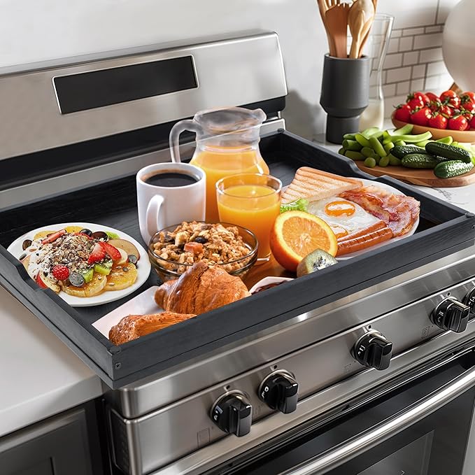 WOLKI Noodle Board Stove Covers for Gas Burners, 30"L x 22"W x 2.4"Th Heavyweight Stove Top Covers for Electric Stove, Buil-in Handles, RV Stove Cover, Wooden Serving Tray, Black