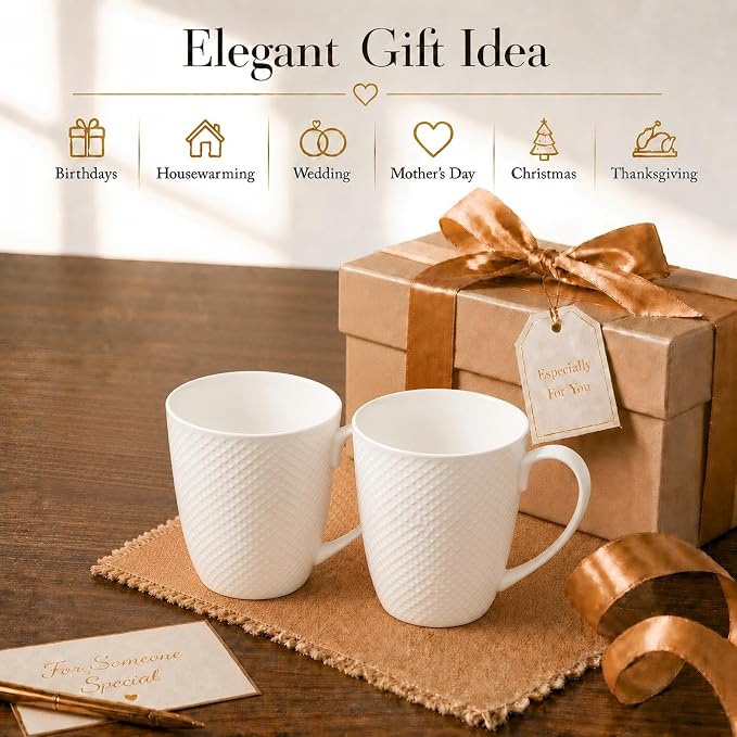 12 Oz White Coffee Mugs Set of 2, Fine Bone China Mugs, Ceramic Coffee Cups Set, Rhombus Relief Texture, Lightweight Tea Mugs for Latte, Hot Cocoa, Women, Men