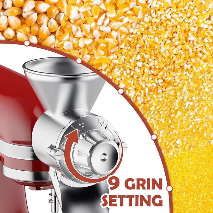 Grain Mill Attachment for Kitchenaid Stand Mixer, 9 Levels Flour Mill, Grain Mill for Flour, Fit for Non-Oily Dry Grain Corn, Coffee Bean Grinder, Oats, Millet, Wheat