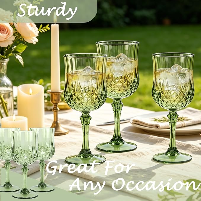 Plastic Wine Glasses, Plastic Goblets Vintage Style Cordial Unbreakable Drinking Glasses, Reusable Drinkware for Wedding Reception, Grand Event Party Supplies (24, New Green)