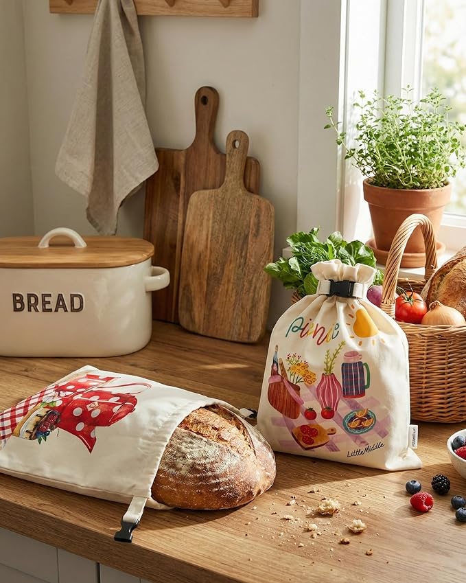2 XL Beeswax Bread Bags for Homemade Bread, Sourdough – Reusable, Plastic-Free, Keeps Fresh, Washable, Compostable (Beige with Picnic)