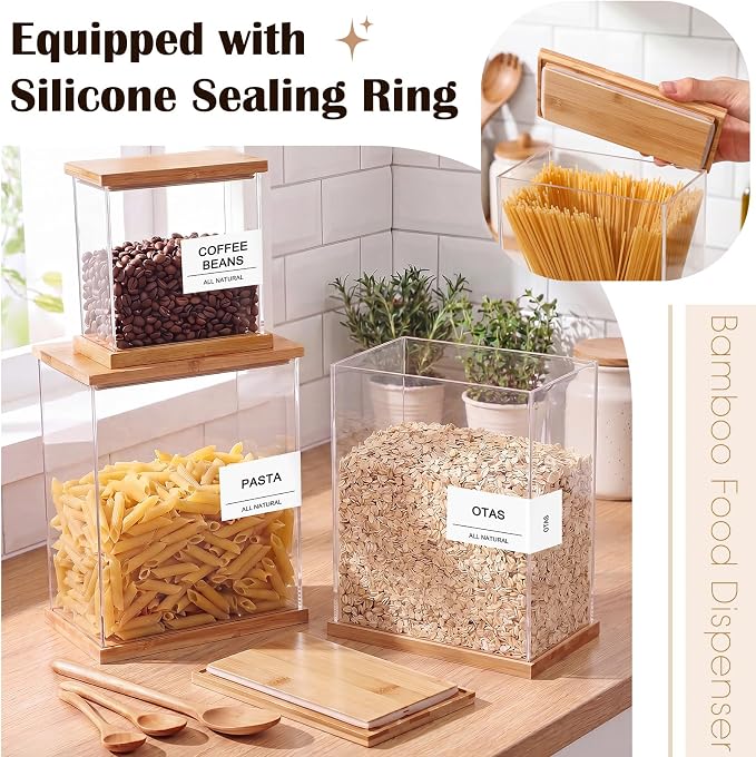 6 Pack Acrylic Pantry Storage Containers with Bamboo Lid Airtight Food Cereal Containers Storage 100oz, 54oz, 27oz with 144 Pantry Labels and Spoon for Flour Sugar, Cereal, Spice