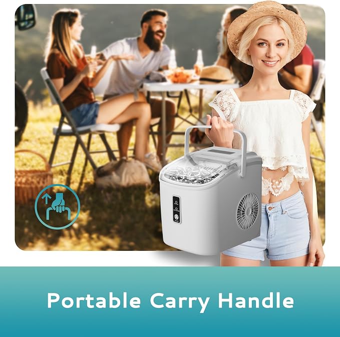 EUHOMY Countertop Ice Maker Machine with Handle, 26.5lbs Per Day, 9 Cubes in 6 Mins, Auto-Cleaning Portable Ice Maker with Basket and Scoop, for Home/Kitchen/Camping/RV (White)