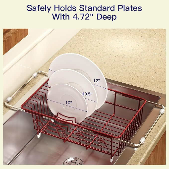MAJALiS Red Dish Drying Rack Over The Sink with Utensil Holder, Mat | Expandable Stainless Steel Dish Drainer for Small Kitchen, Apartment, RV, Counter Space Saving, Perfect Fit, Rustproof