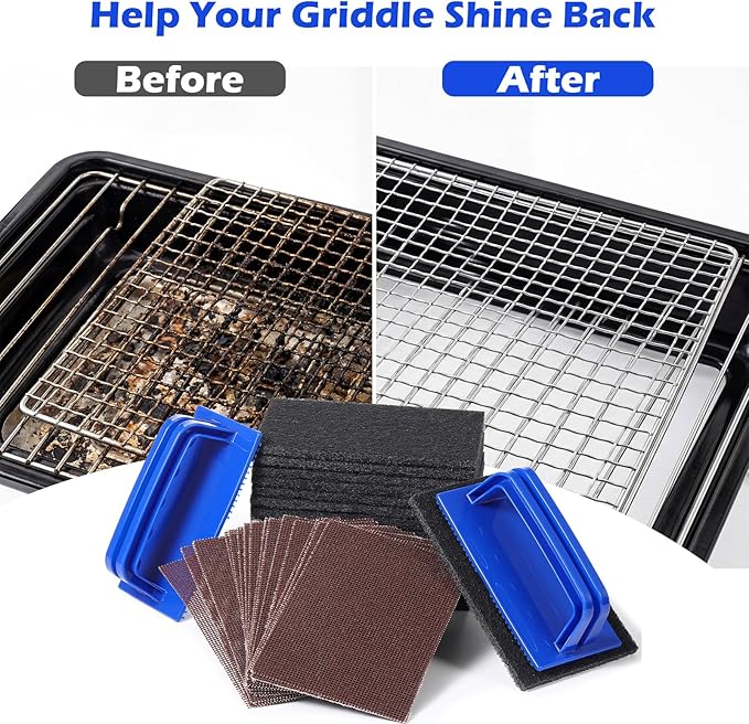 Reallnaive 124 Pcs Griddle Cleaning Kit Screen Holder Grill Screens Cleaning Pads Heavy Duty Abrasive Mesh Pads for Flat Tops, Cast Iron, Stainless Steel Griddle Cleaner Accessories Bundle (Blue)