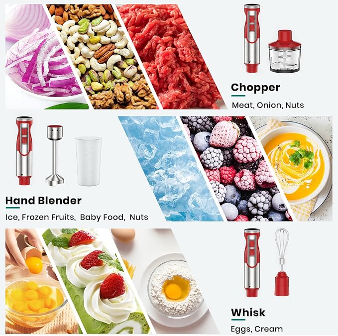Colarlemo 1800W Immersion Blender Handheld 4-in-1 Hand Blender Stick for Ice Crushing Smoothie, Baby Food, Soup, 8 Speed Hand Mixer Turbo Boost Stainless Steel Blade with Whisk, Chopper, Beaker (Red)