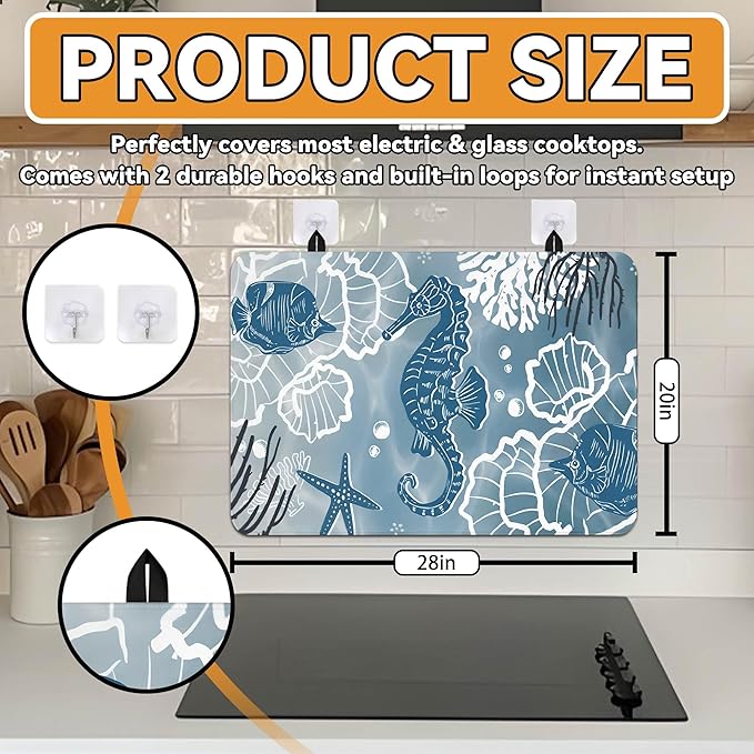 Decorative Stove Top Covers for Electric Stove 28"x20" – Heat Resistant Glass Cooktop Protector Dish Drying Mat – Non-Slip Rubber Backing Washer Top Cover Waterproof Extra Counter Space (Ocean 2)