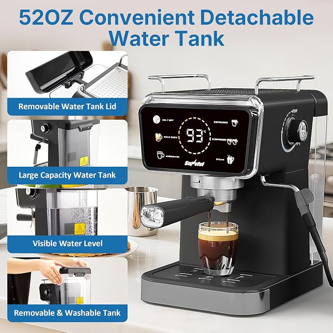 20 Bar Espresso and Americano Machine for Home and Office, Iced Coffee Maker with Touchscreen, Milk Frother, Single/Double Shot & Cold Brew, 52OZ Removable Water Tank, Quick Heating System