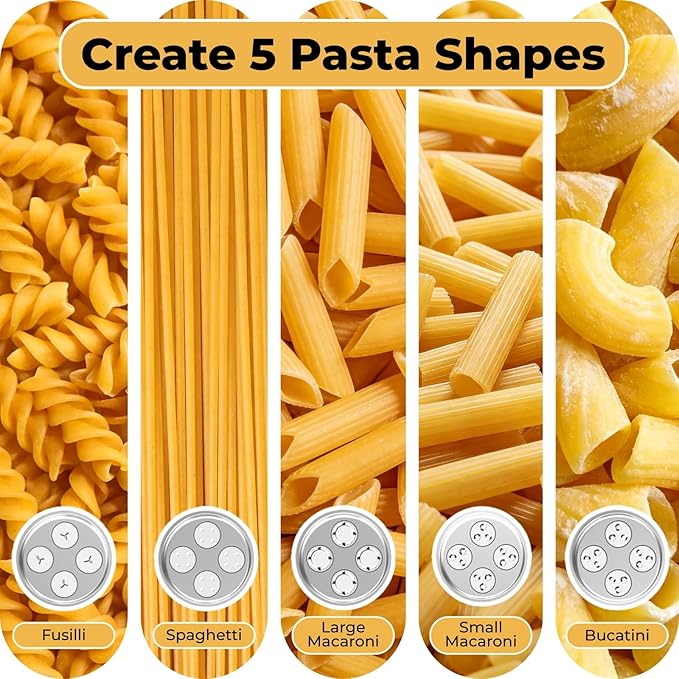 5-in-1 Durable Pasta Press Attachment Compatible with KitchenAid Stand Mixer, Pasta Extruder with 5 Interchangeable Plates and Brush | Makes Spaghetti, Bucatini, Fusilli, and Macaroni