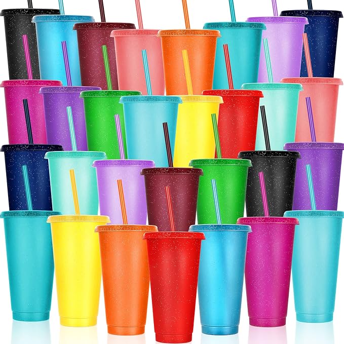 Honeydak 30 Pack Tumbler with Straw and Lid Bulk Glitter Plastic Cups Water Bottle Iced Coffee Travel Mug Reusable Party Favor Cups for Birthdays travel 24-27 oz (Vivid Color)